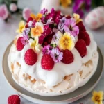 Easter Pavlova with Raspberries and Edible Flowers First Image First Image