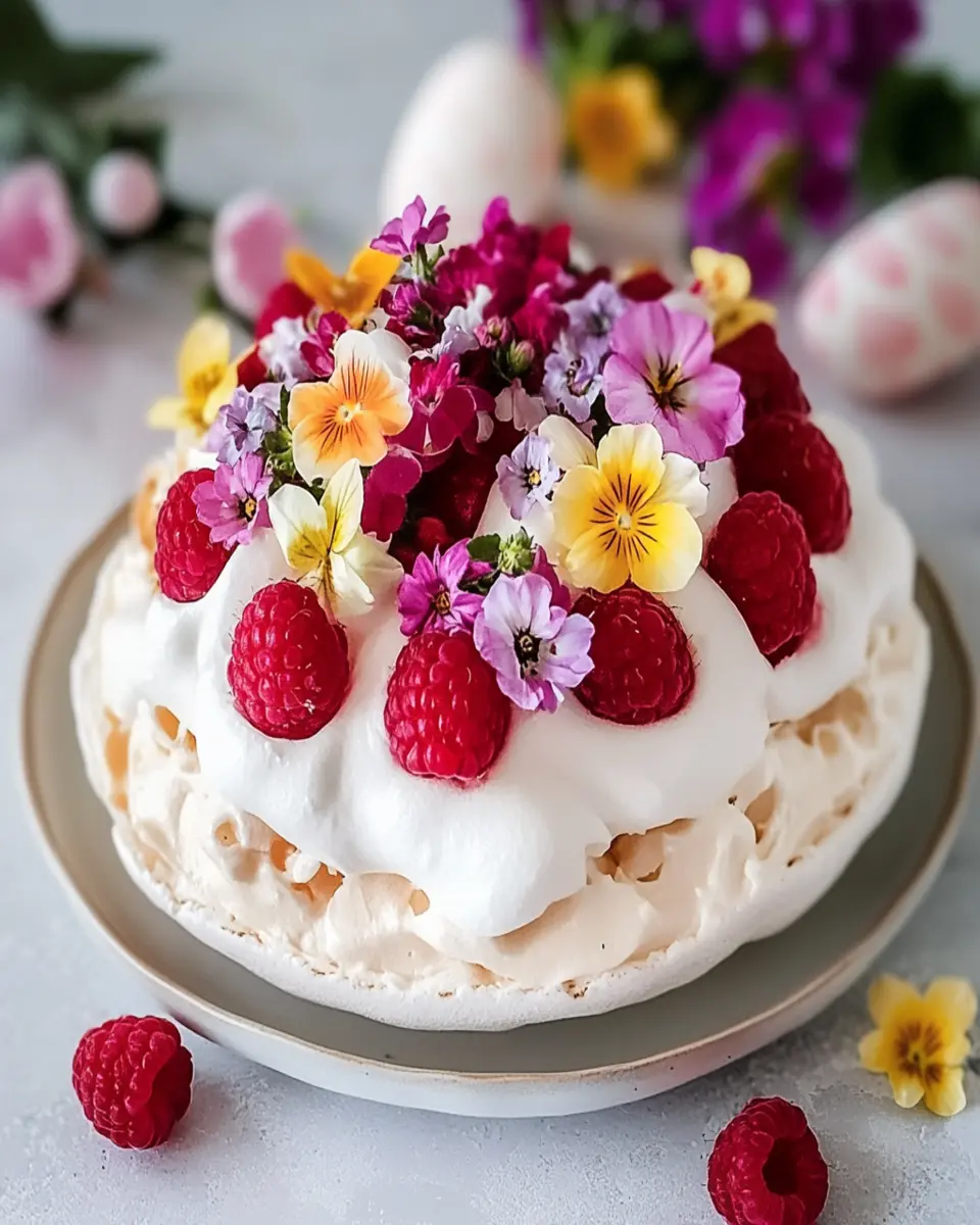 Easter Pavlova with Raspberries and Edible Flowers First Image First Image