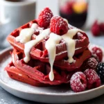 Red Velvet Waffles with Cream Cheese Icing Drizzle First Image First Image