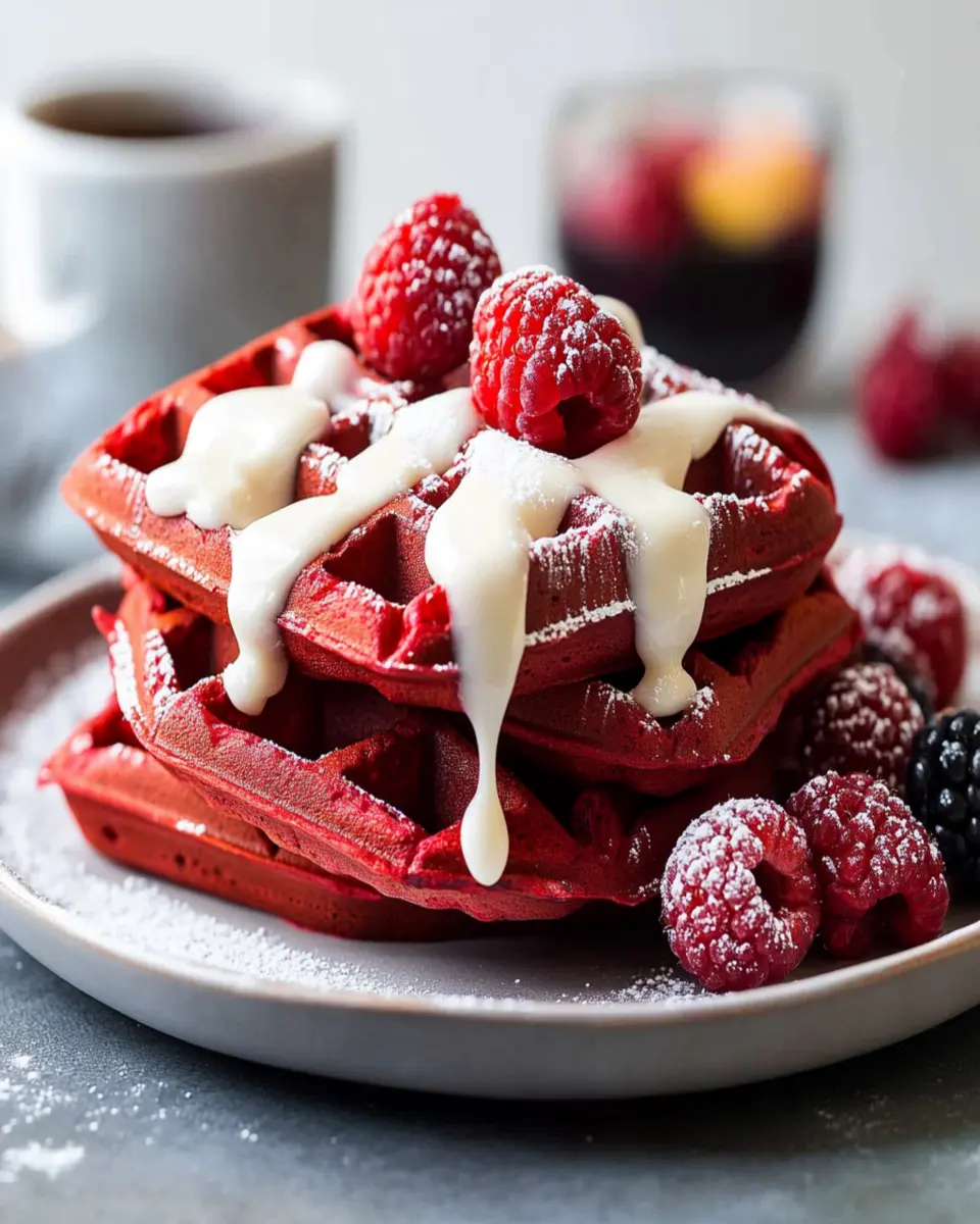 Red Velvet Waffles with Cream Cheese Icing Drizzle First Image First Image