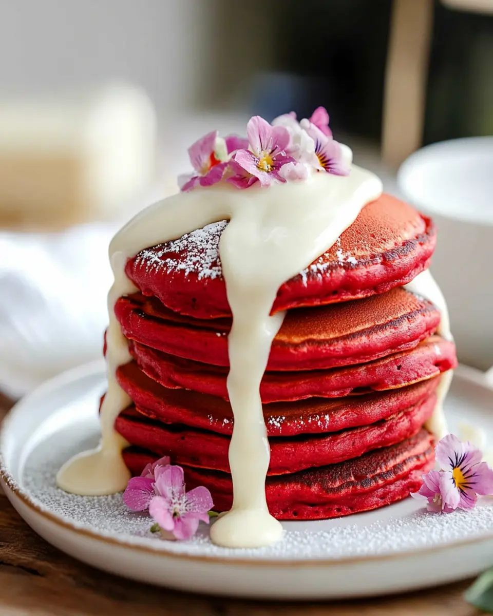 Red Velvet Pancakes with Cream Cheese Icing First Image First Image